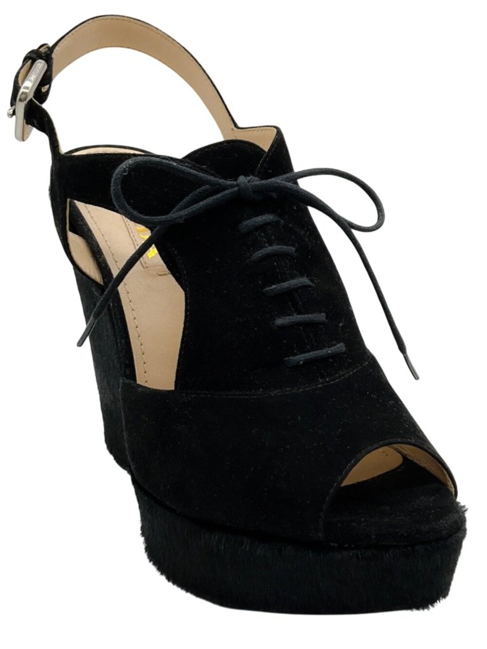 Prada Black Suede / Pony Hair Platform Slingback Wedges